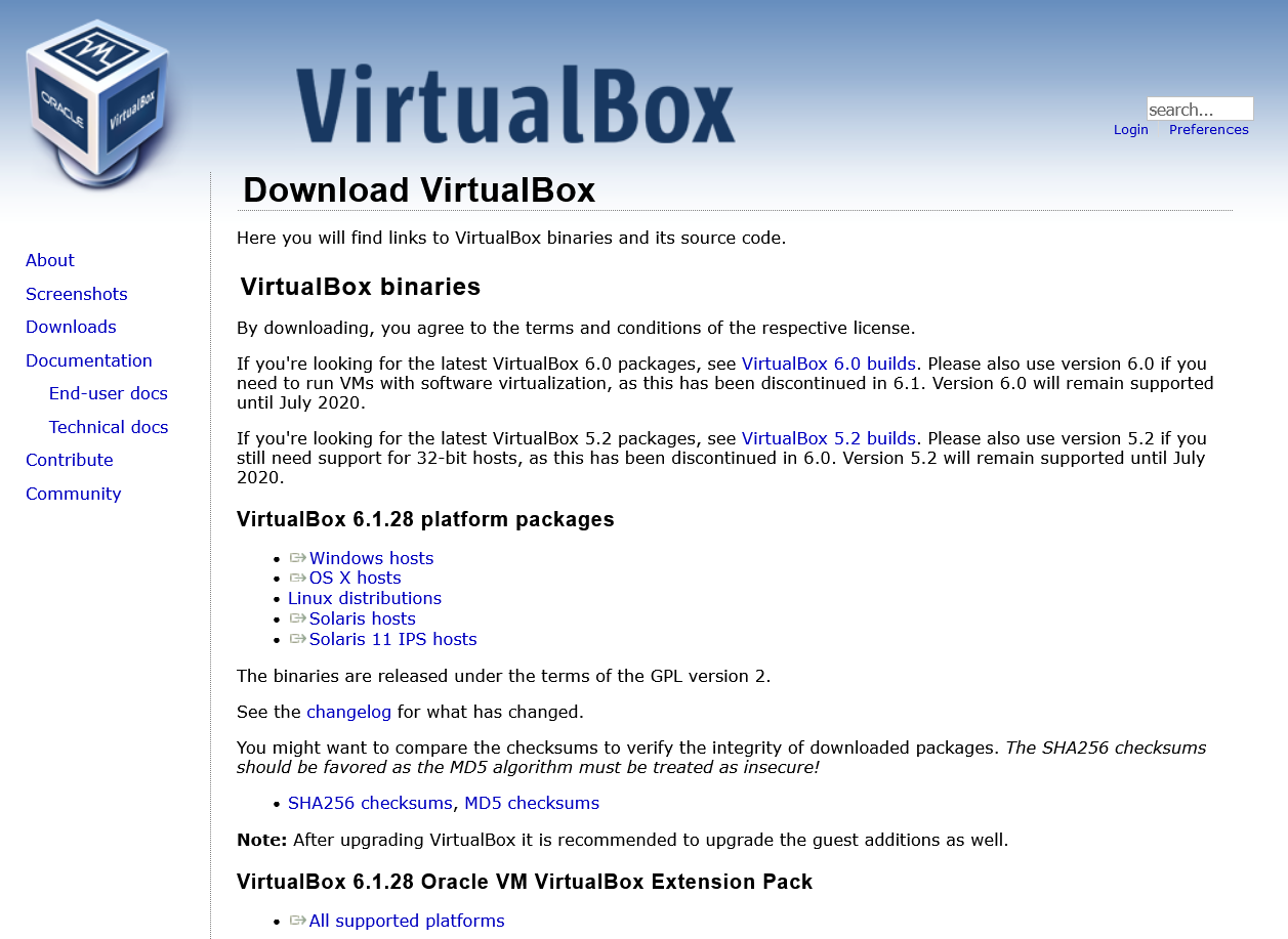 VirtualBox Website Download Links